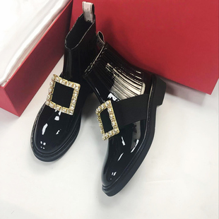 RV真皮钻扣切尔西靴欧洲站开边珠亮面短靴套筒低跟侧方扣女鞋