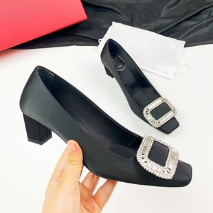真皮中跟RV水钻方扣女鞋欧美真丝方头方根浅口宴会单鞋婚鞋