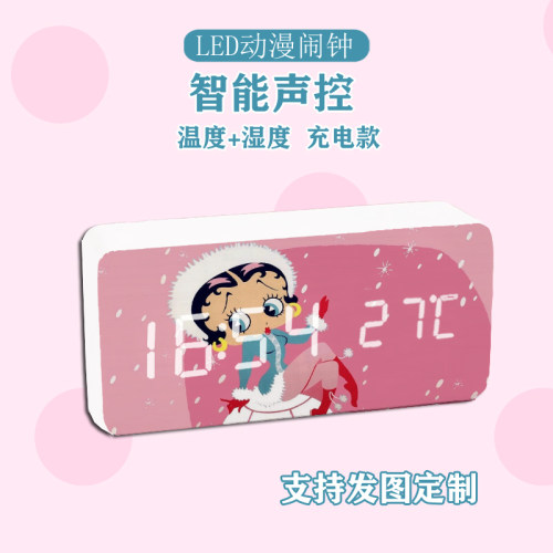 包邮betty boop木质时钟LED电子钟夜光静音闹钟床头钟家居饰品