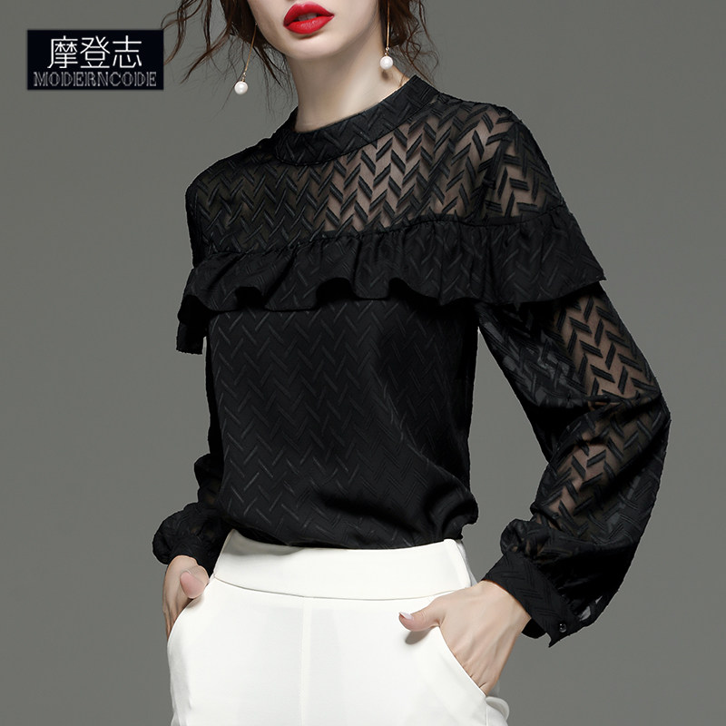 2020新款欧货泡泡袖荷叶边打底衫女灯笼袖衬衣黑色性感上衣雪纺衫