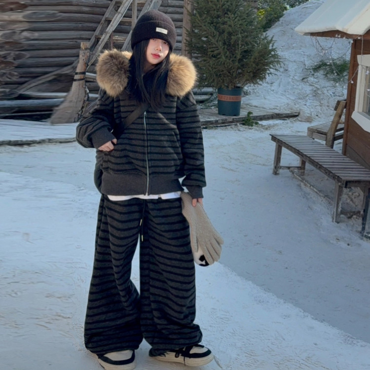 秋冬女童加绒连帽卫衣阔腿裤套装