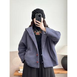 【断码清仓】亚麻棉服女款冬季彩扣连帽棉衣外套加厚棉麻女士上衣