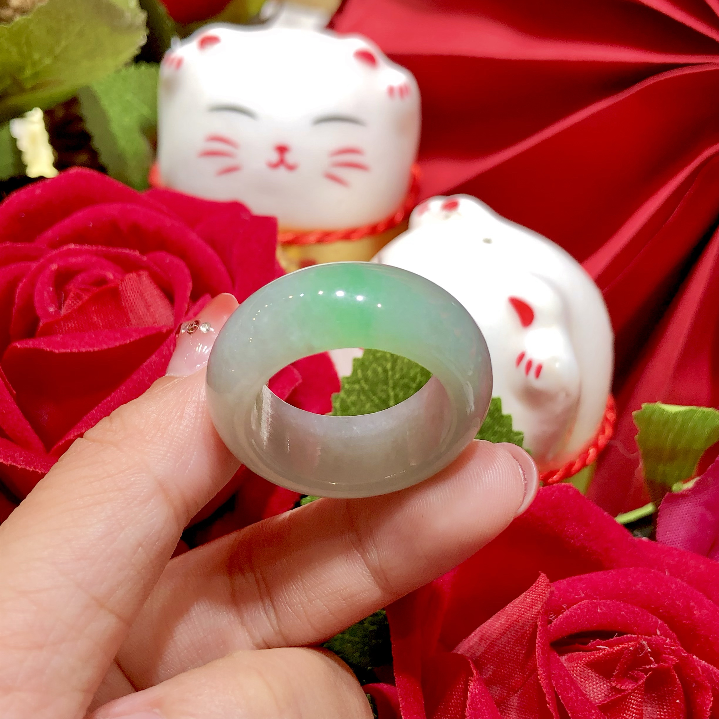 缅甸翡翠A货正品 冰种水润飘绿男士指环 时尚百搭款圈口25-26可戴