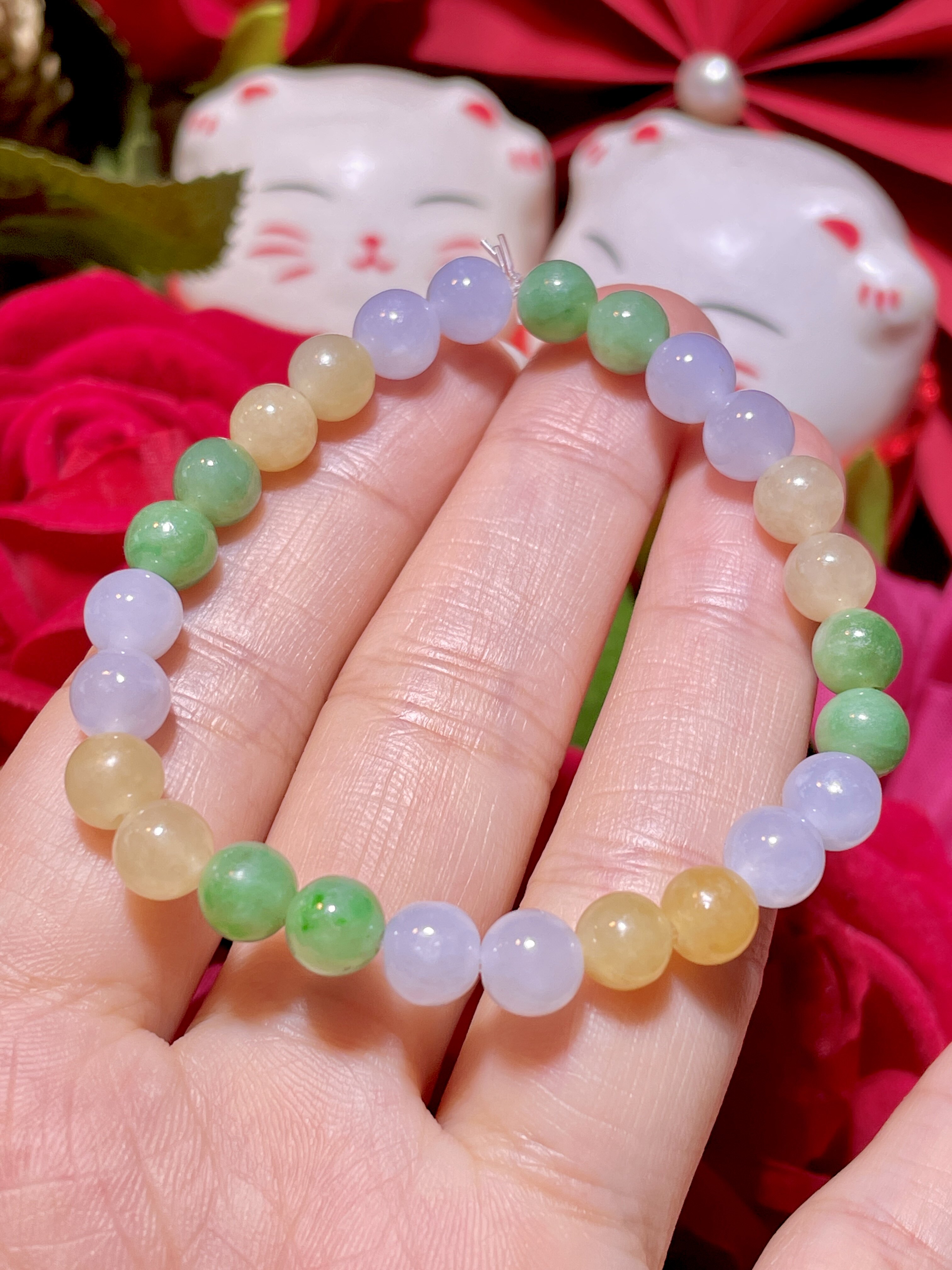 缅甸翡翠A货正品 冰种水润多彩圆珠手串珠链时尚百搭款大气好看