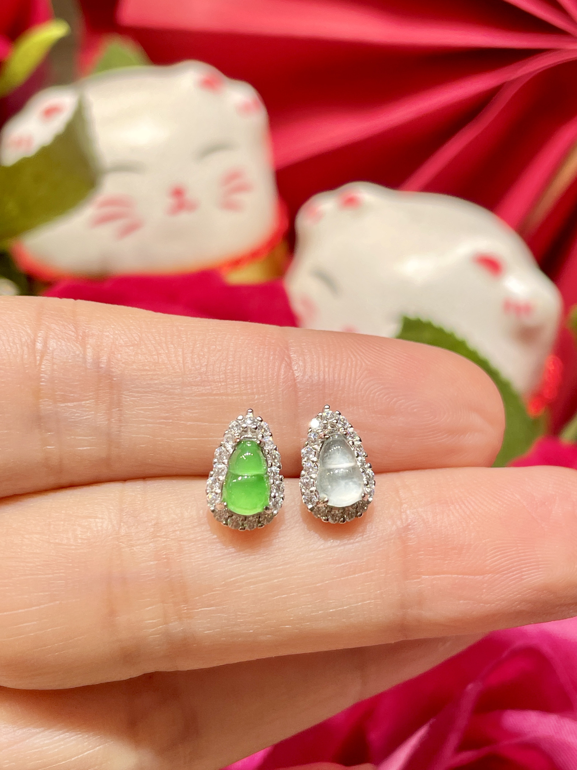 缅甸翡翠A货正品 冰种水润阳绿冰种葫芦AB款耳钉S925银镶嵌时尚款