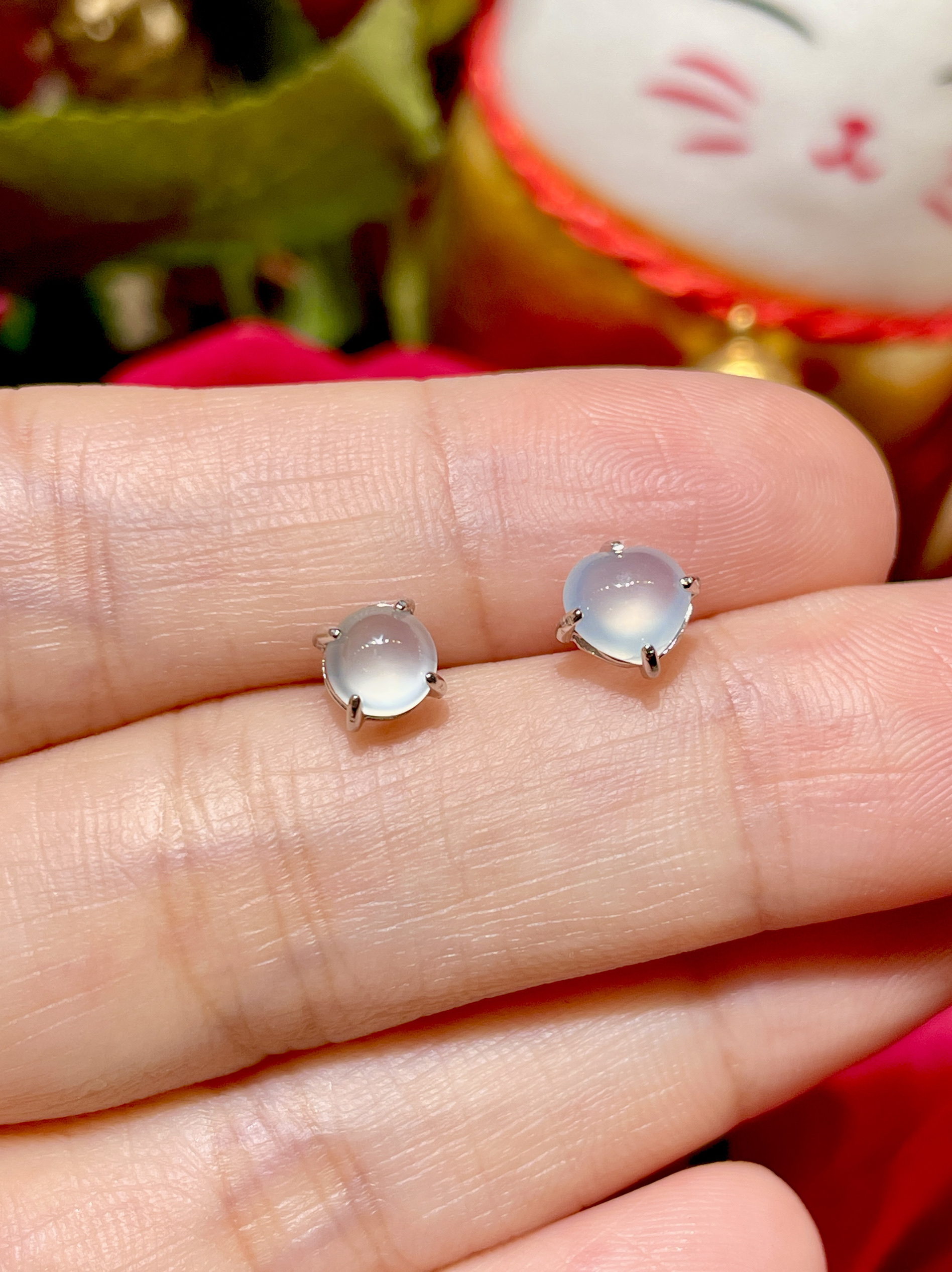 缅甸翡翠A货正品 高冰种起荧光双眼皮AB款式耳钉 S925银镶嵌时尚