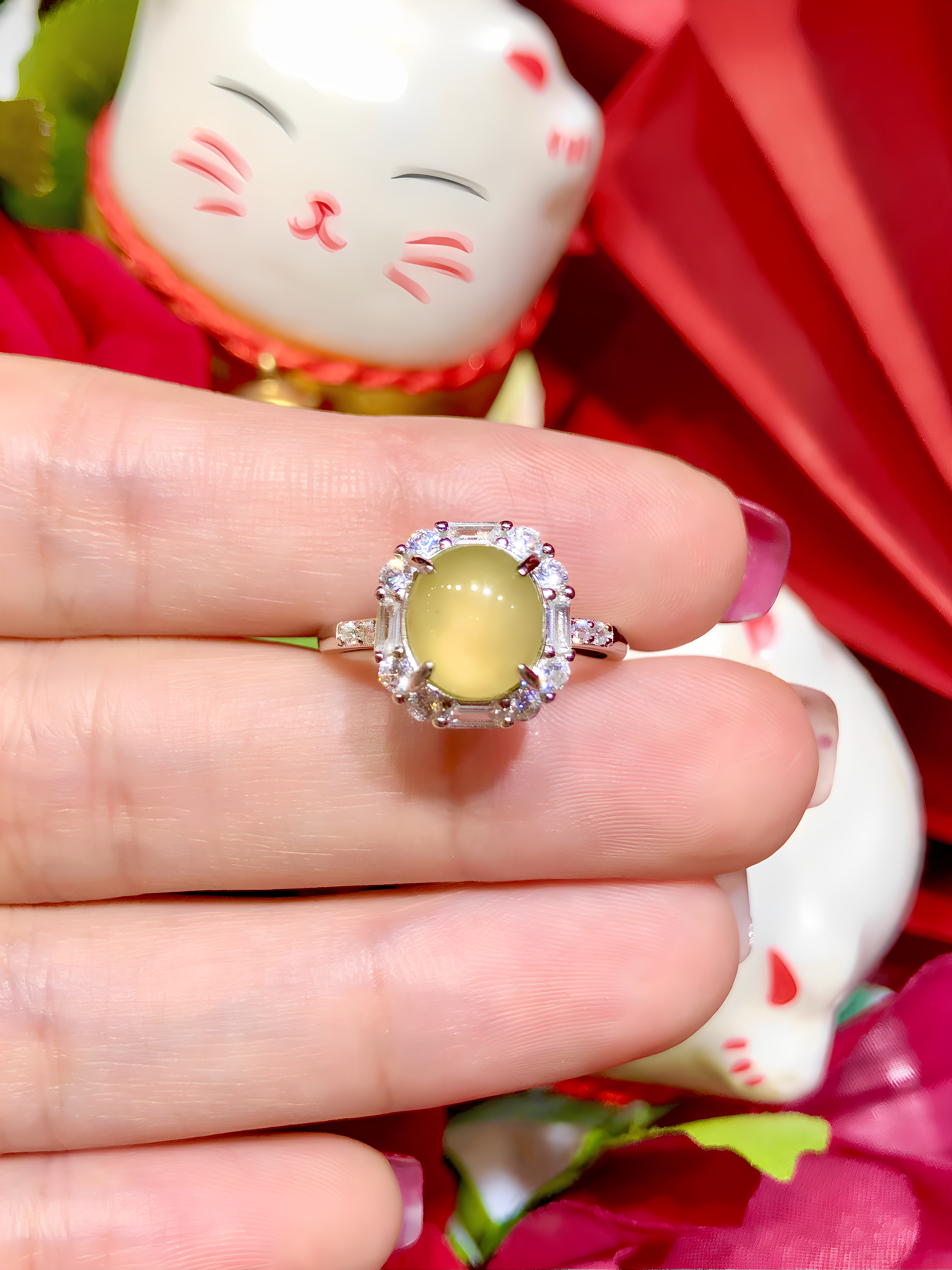 缅甸翡翠A货正品 冰种水润冰黄翡蛋面戒指S925银镶嵌时尚百搭大气