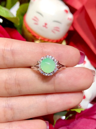 缅甸翡翠A货正品 老坑冰种满绿浅绿色蛋面戒指S925银镶嵌时尚百搭