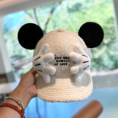 2025新款羊羔毛保暖儿童帽子宝宝米奇鸭舌帽女士可爱卡通棒球帽冬