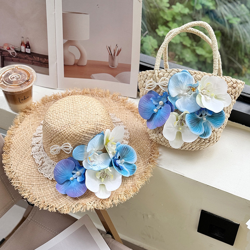 2025手作珍珠蝴蝶兰花朵拉菲草草帽亲子大檐帽度假沙滩帽夏遮阳帽