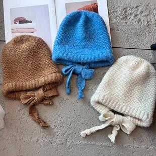 韩系纯色羊毛混纺亲子毛线帽巴拉法克帽包包帽冬季套头蓝色护耳帽