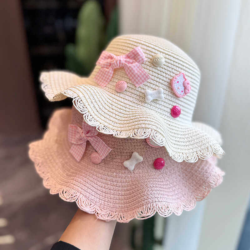 韩系木耳边卡通草帽亲子款度假遮阳帽户外大檐帽沙滩帽女宝太阳帽