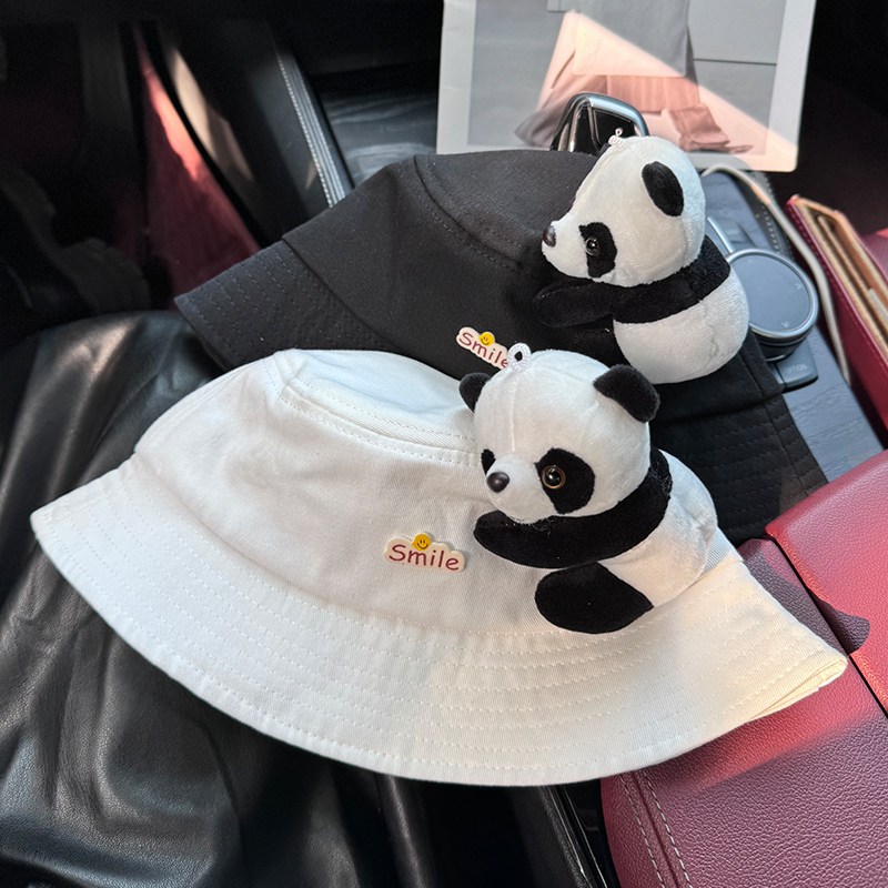 小众设计师笑脸熊猫亲子渔夫帽黑色潮酷动物园卡通遮阳帽折叠布帽