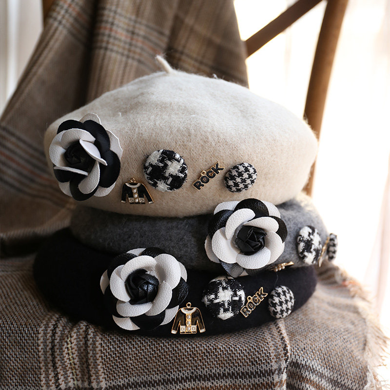 复古小香chic格子纽扣花朵贝雷帽羊毛纯色画家帽立体造型毛呢帽子