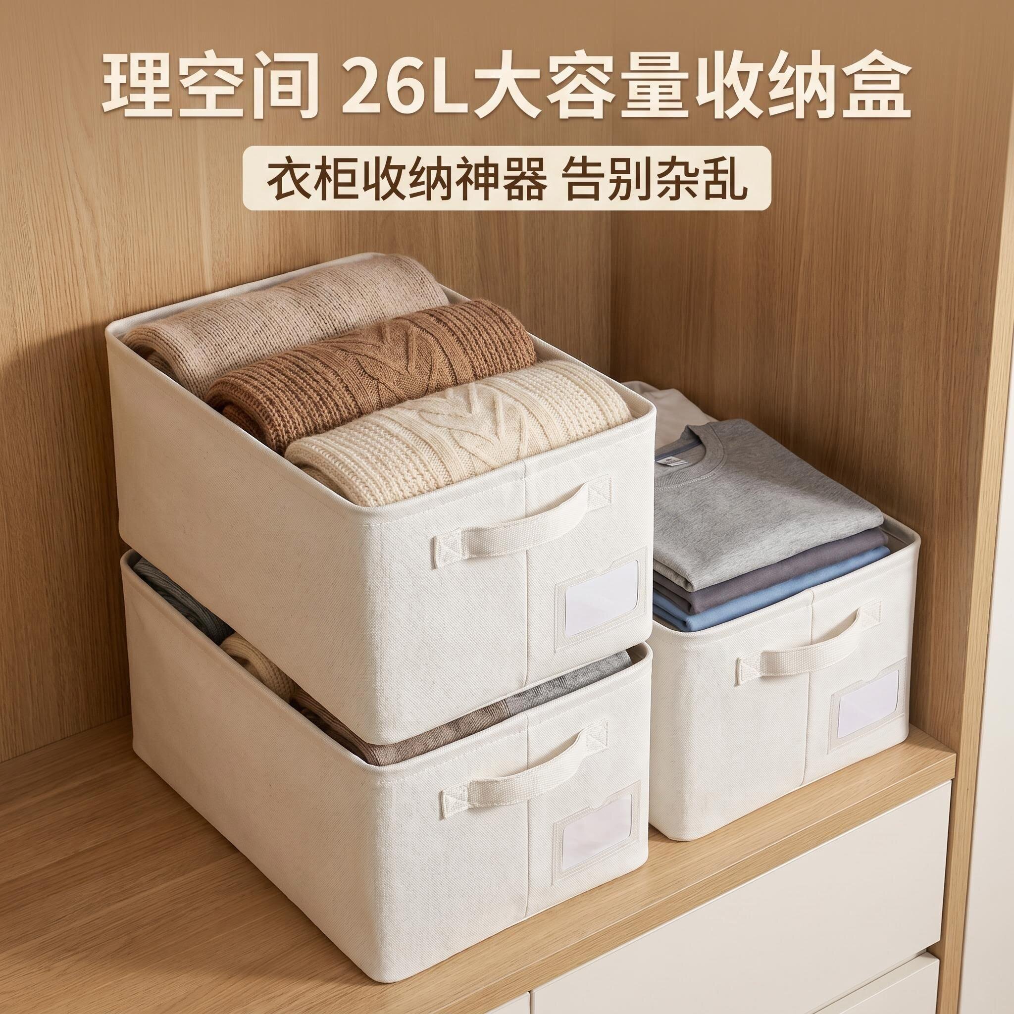 理空间 棉麻收纳盒 可水洗折叠衣柜衣物整理箱 家用储物收纳筐QX