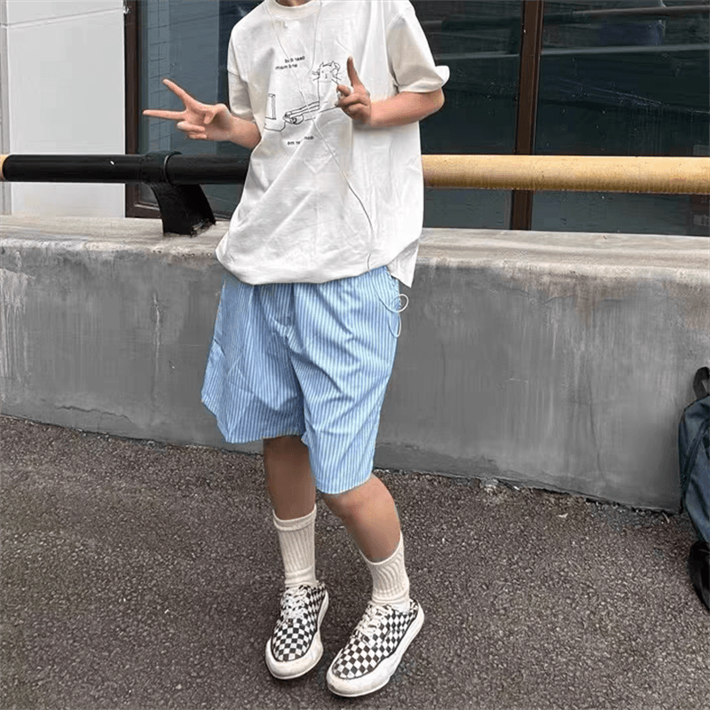 2025蓝白条纹短裤男夏季冰丝凉感空调休闲裤子大码宽松情侣五分沙