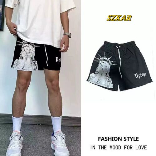 2025夏季美式短裤男潮牌复古水印