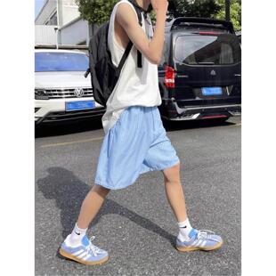 宽松条纹夏季蓝色腿男女裤百搭度假情侣短裤沙滩抽绳五分裤阔休闲