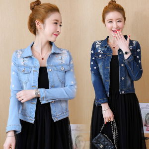 RS49169#春秋新款韩版花朵刺绣百搭牛仔外套女短款长袖上衣