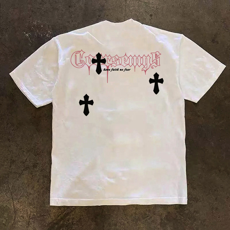 美式潮牌十字架字母印花短袖T恤户外重磅纯棉小领口300克打底衫男