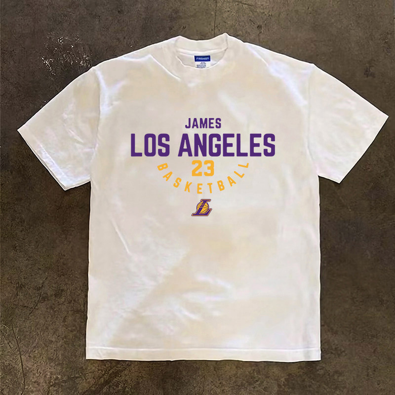 湖人队詹姆斯23号短袖T恤篮球运动训练300克重磅纯棉长袖打底衫男