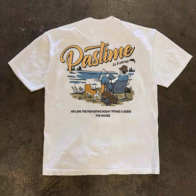 国潮户外休闲钓鱼印花短袖T恤男运动潮牌重磅纯棉小领口280克半袖