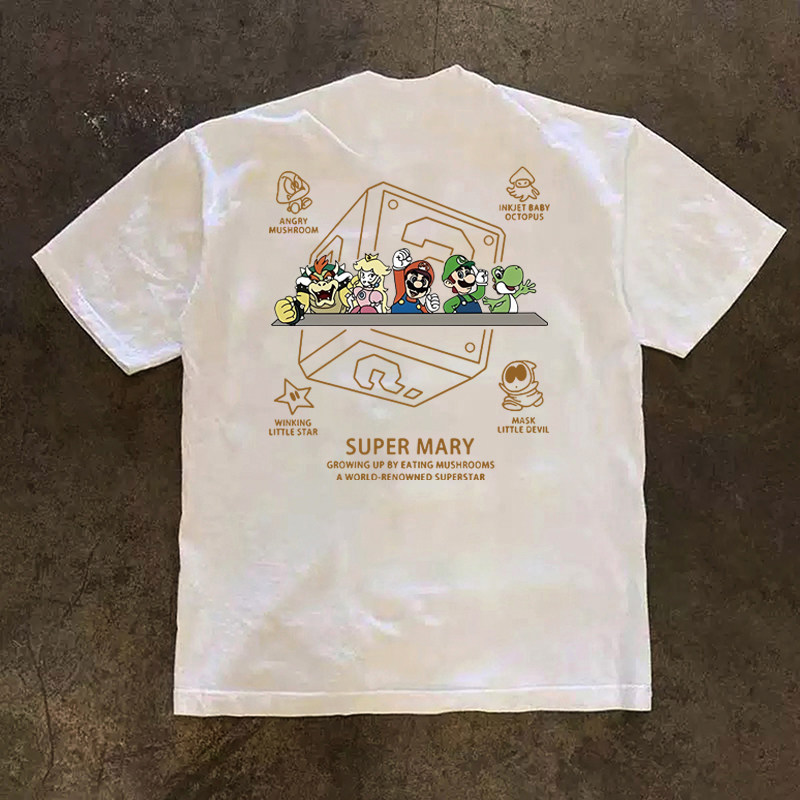美式休闲马里奥印花短袖T恤男女夏户外潮牌潮流重磅280克纯棉半袖