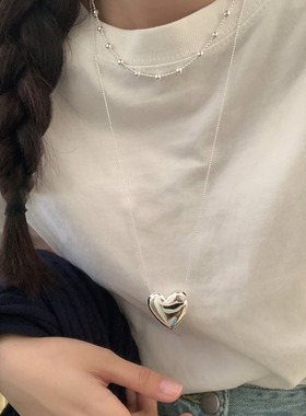 韩国S925纯银光面大爱心项链女高级感简约ins气质个性长款毛衣链