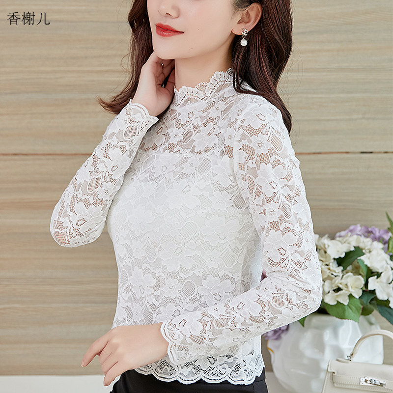 蕾丝打底衫女上衣镂空内搭小衫春秋新款网纱打底薄款气质立领上衣