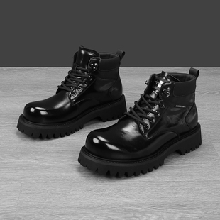 2025头层全牛皮新款真皮高级感高帮马丁靴男款工装靴冬季亮皮男鞋