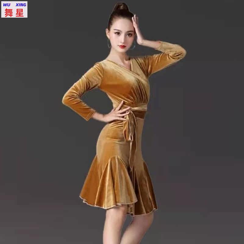 2026拉丁舞秋季新款女中袖V领绑带连衣裙国标摩登广场跳舞练功服