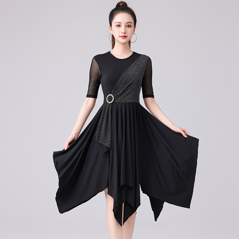 拉丁舞2026秋季新款女短袖圆领不规则时尚连衣裙国标摩登练功服装