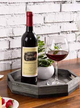 12 英寸复古灰色实木八角形托盘带镂空手柄红酒托盘小蛋糕展示架