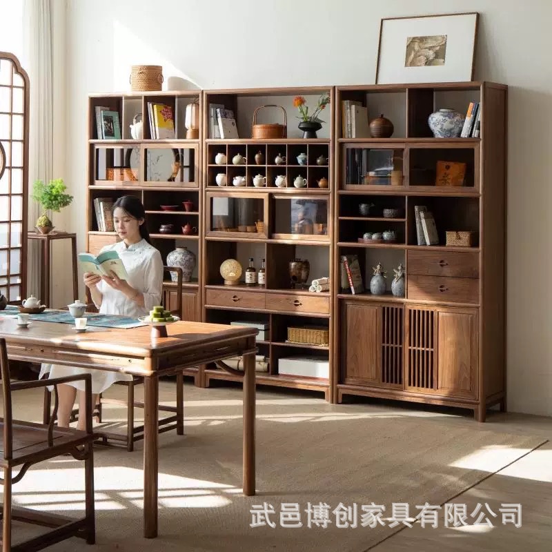 老榆木胡桃色博古架展示柜置物架多阁宋式美学茶叶柜书架格子