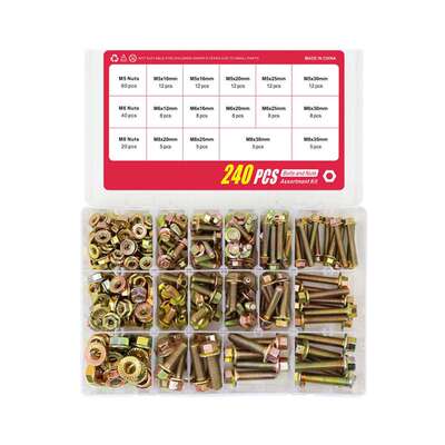240pcs法兰外六角螺栓螺母高强度8.8级碳钢彩锌螺丝螺母套装