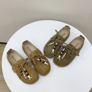 米诗思复古磨砂皮系带勃肯鞋女平底豆豆鞋休闲百搭串珠装饰单鞋