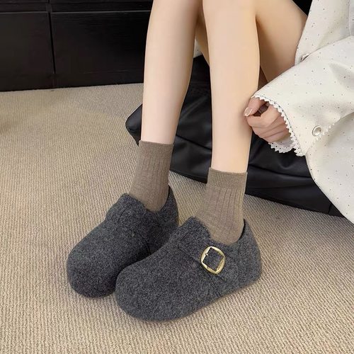 毛呢厚底勃肯鞋女内增高皮带