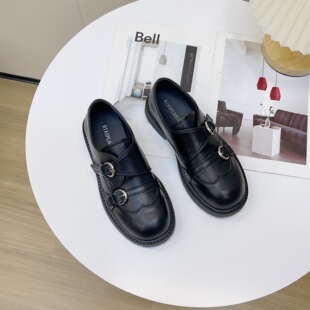 复古英伦风双扣带小皮鞋女黑色百搭乐福鞋布洛克单鞋