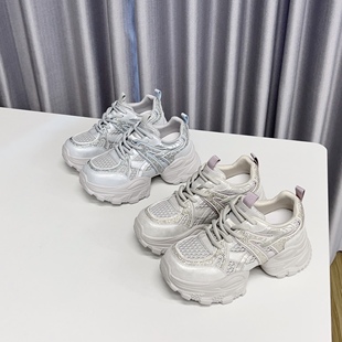 增高厚底显瘦轻便休闲鞋 女2025夏季 镂空水钻透气网老爹鞋 新款