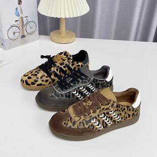 真皮豹纹复古德训鞋女2025秋冬系带厚底舒适百搭时尚休闲运动鞋