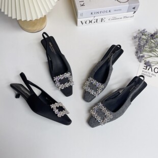 法式黑色高跟鞋女外穿2025新款气质名媛尖头细跟单鞋水钻包头凉鞋