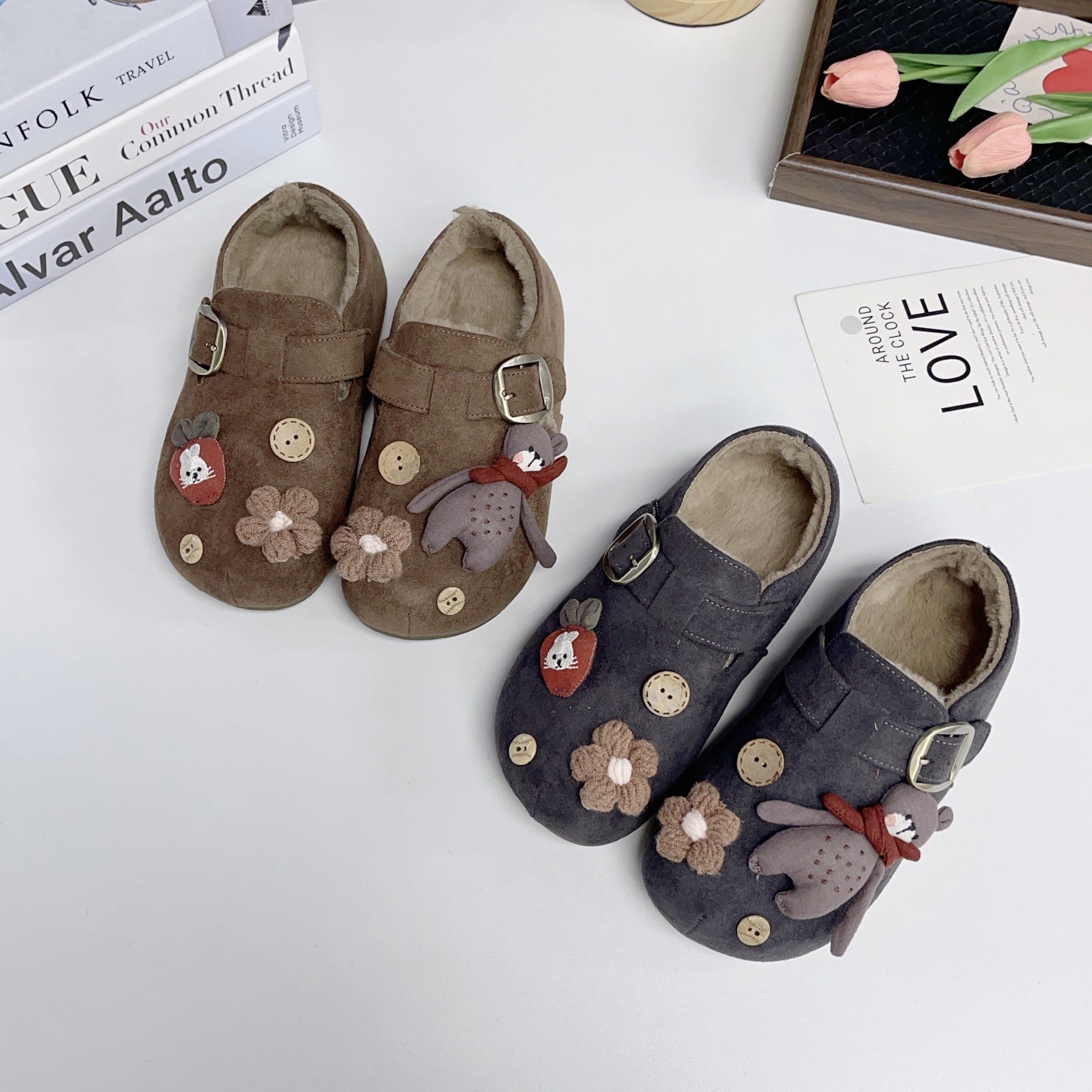 可爱卡通花朵装饰加绒勃肯鞋女毛绒全包一脚蹬休闲单鞋,女鞋,勃肯鞋/软木鞋,淘宝优惠券,粉丝福利购,淘宝优惠卷