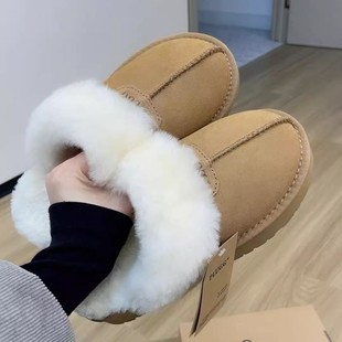 真皮百搭女靴 雪地拖女厚底保暖加厚防滑毛毛拖鞋 加绒2025冬季 新款