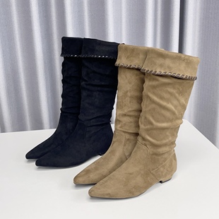 英伦复古风高筒气质堆堆靴女秋冬套筒显瘦长靴烟筒靴