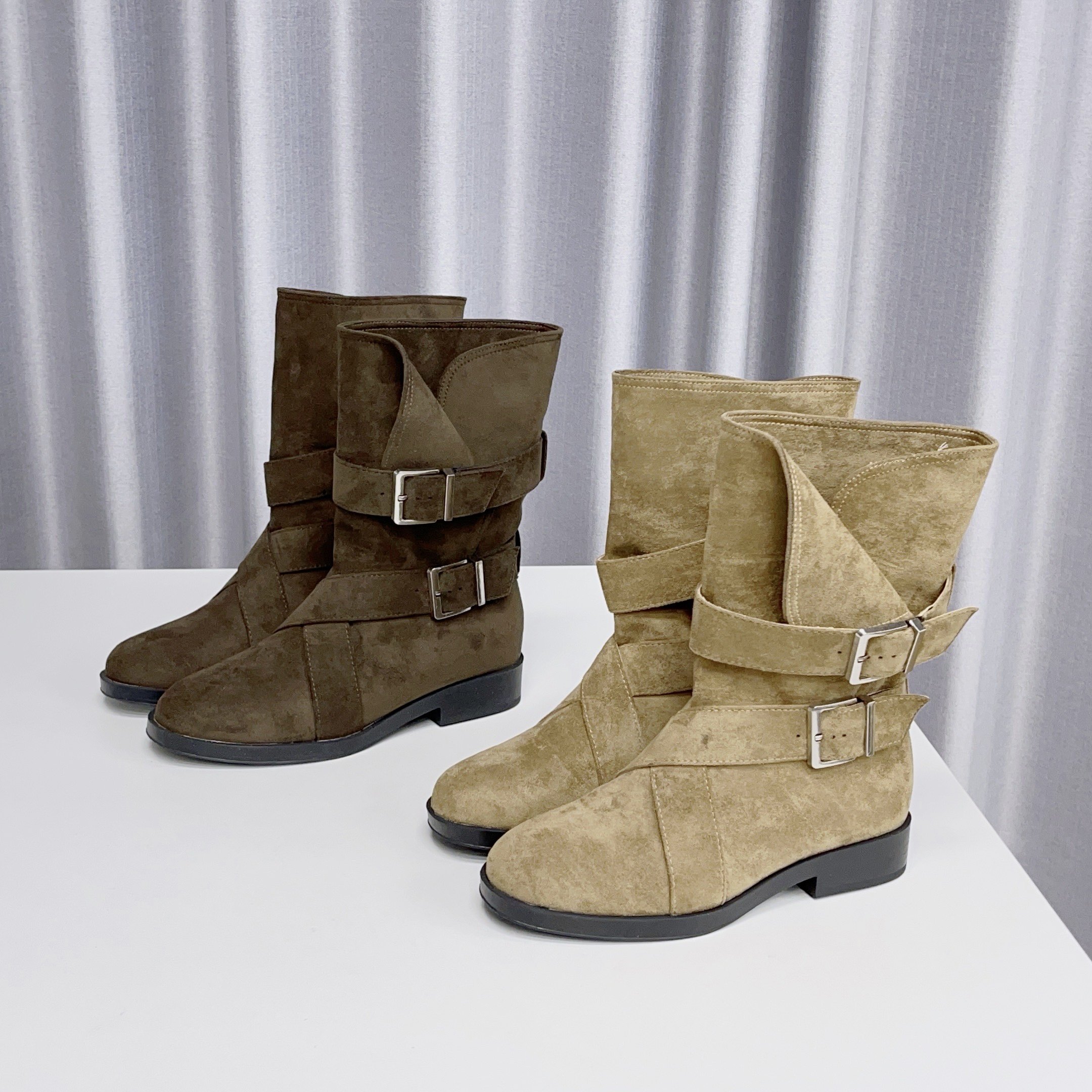 复古风皮带扣骑士靴女加绒中筒粗跟短靴西部牛仔靴,女鞋,骑士靴,淘宝优惠券,粉丝福利购,淘宝优惠卷