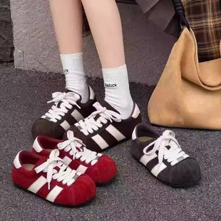 真皮!米诗思时尚百搭圆头浅口德训单鞋女平底休闲鞋女鞋