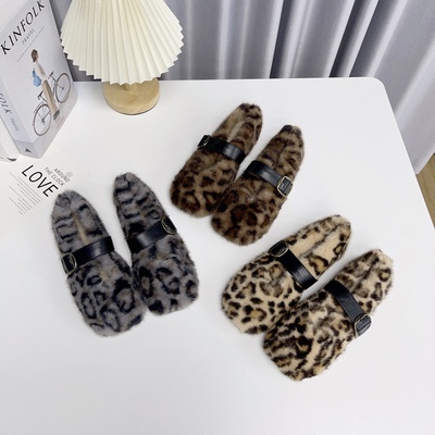 豹纹毛毛鞋女休闲时尚舒适豆豆鞋