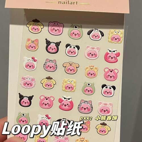loopy头套露比海狸贴纸美甲高颜值浮雕立体美甲贴手机指甲笔杆贴