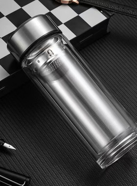 百斯克BSK-BB590540格韵茶水分离双层玻璃杯家用办公便携商务水杯