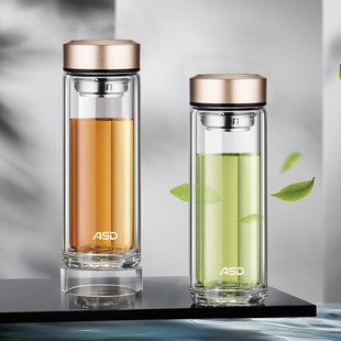 简约商务水杯茶水分离杯 爱仕达RWB32L9TG金彩系列双层玻璃杯时尚
